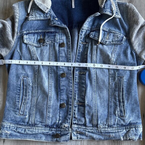 Free People Denim Distressed Hooded Jean /Knit Jacket Women's Size Medium - Picture 7 of 12